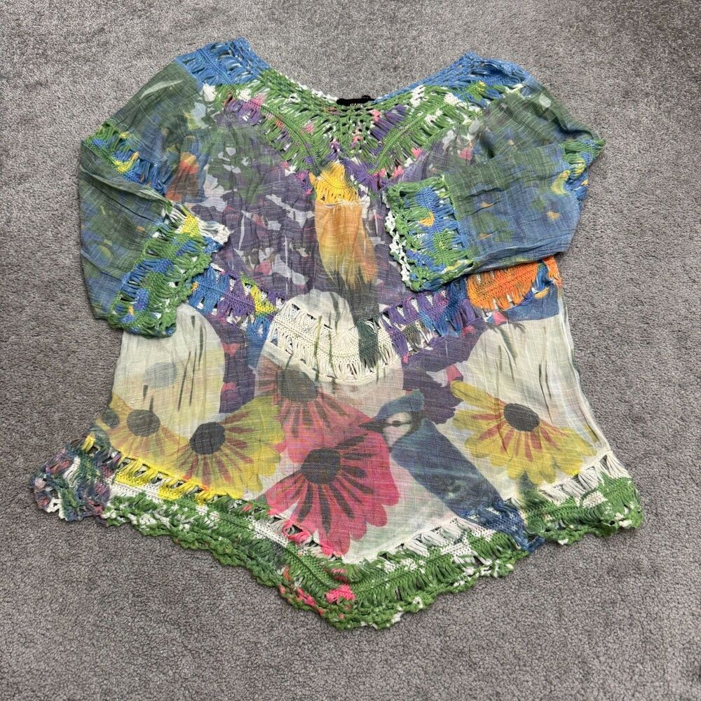 RAIN Floral Bird Boho V-Neck Crochet Trim Tunic Blouse Women L Multicolor Boho